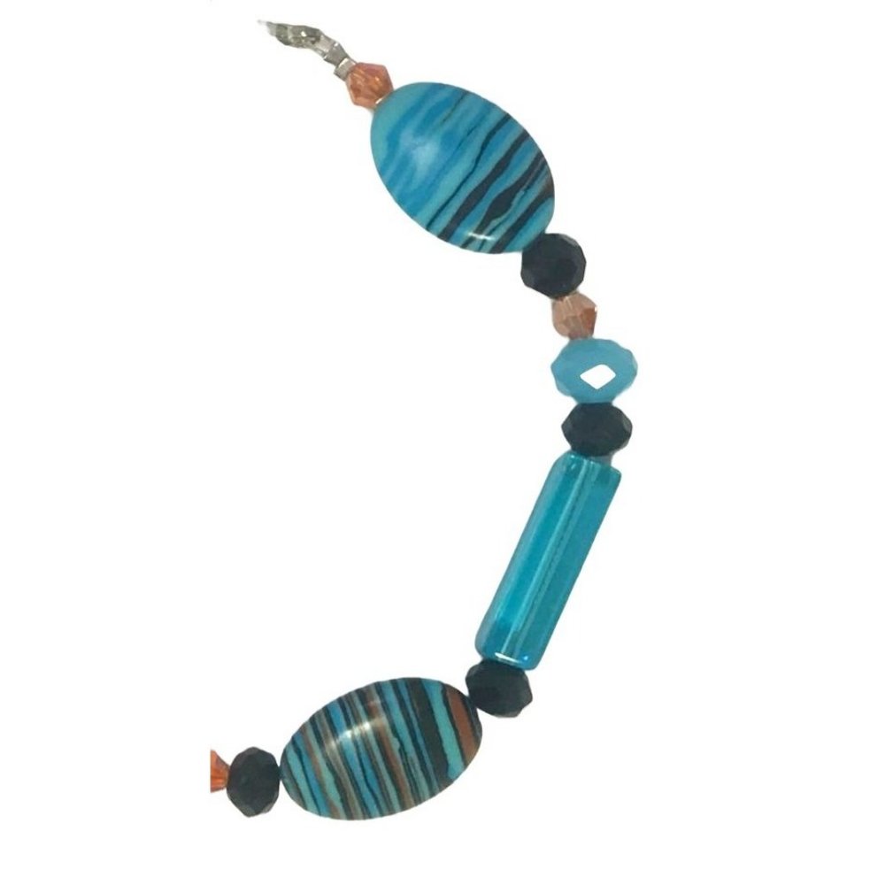 Handmade Art Glass Bead and Crystal Bracelet Turquoise Black Orange Silver Tone - Picture 2 of 3